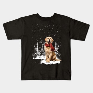 Christmas Golden Retriever With Scarf In Winter Forest Kids T-Shirt